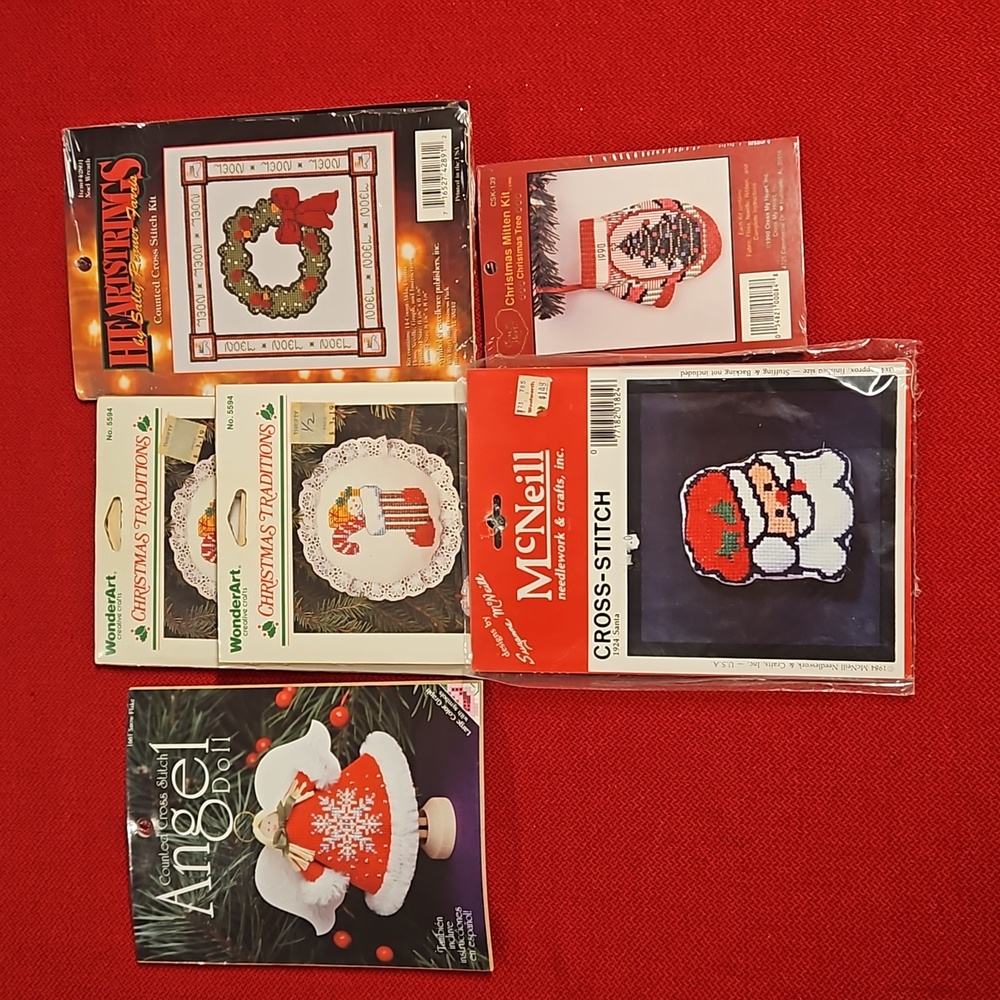 6 Christmas themed counted cross stitch ornament kits NIP Vintage stock